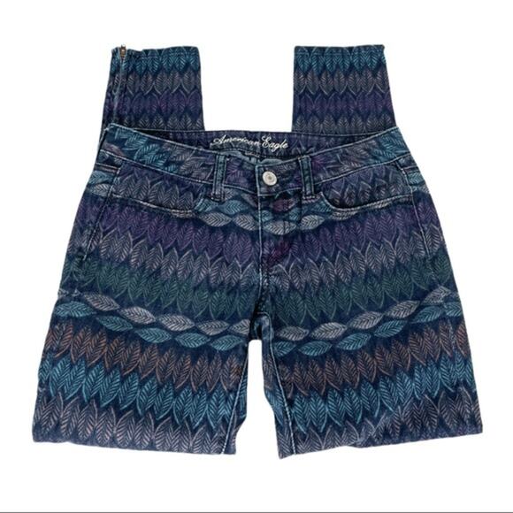 American Eagle Leaf Print Jegging Jeans Zipper Ankle Blue Multi Color Size 4 - Picture 3 of 7